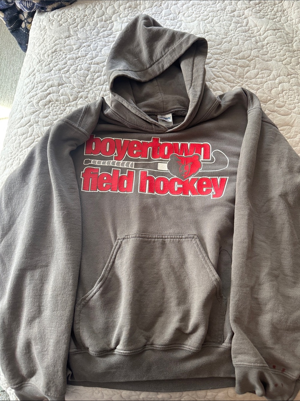 Gildan Gray Crewneck Hoodie with Red Field Hockey Print